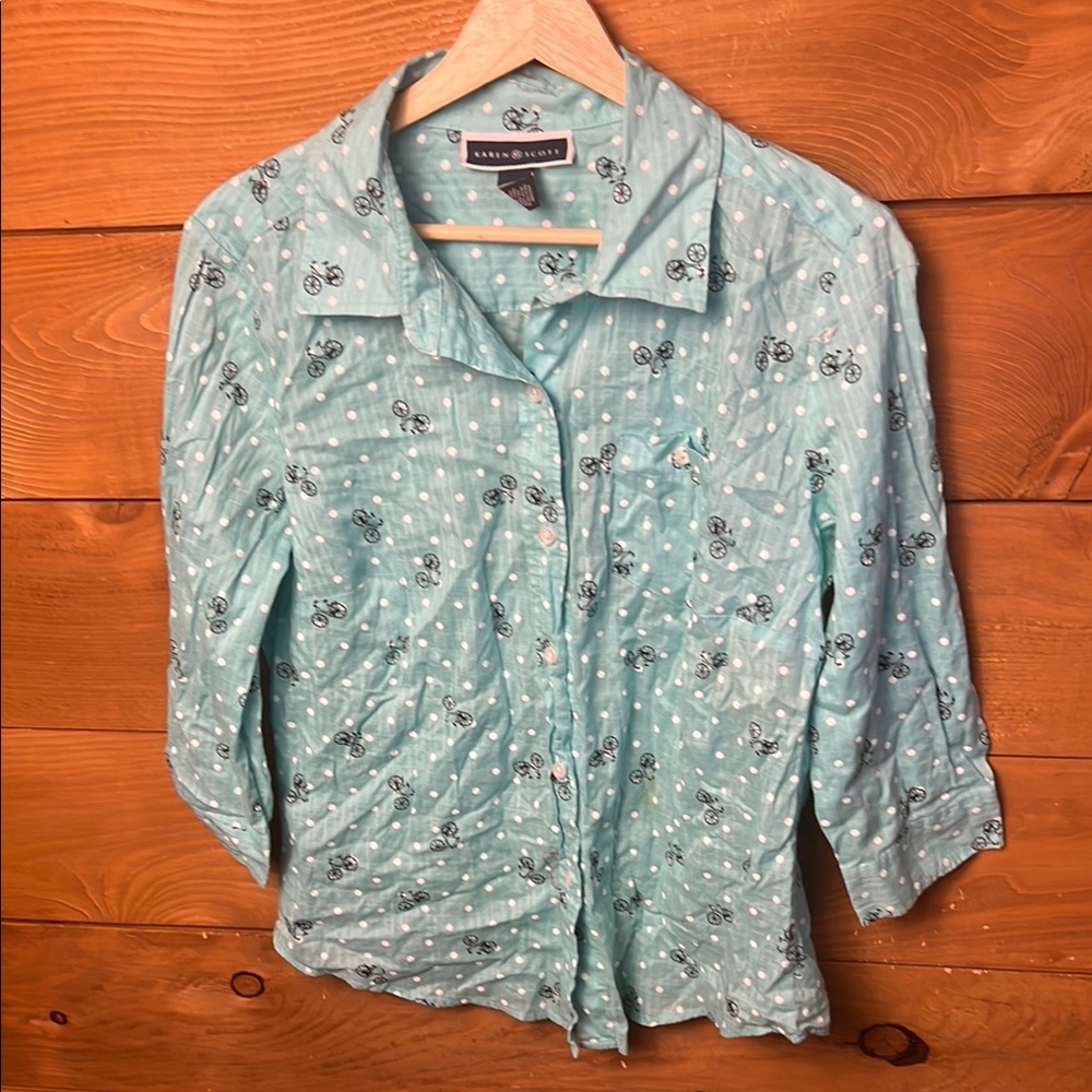 Karen Scott Women Polka Dot Bicycle 3/4 Sleeve‎ Button-Up Shirt Green Petites Md